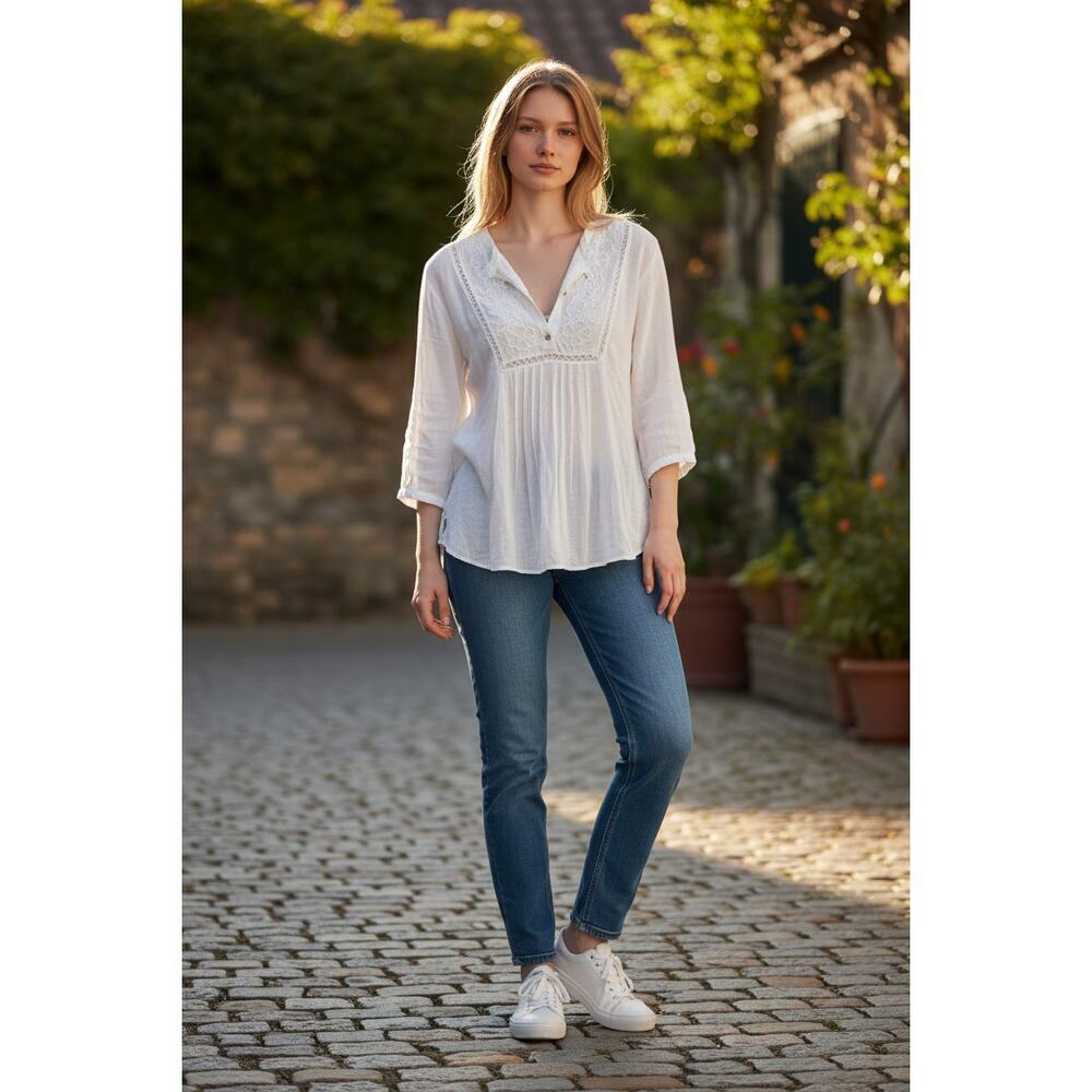 Abercrombie & Fitch Cream Ivory Floral Embroidered Boho Peasant Blouse Top Sz M